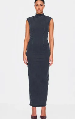 Tall Washed Grey High Neck Sleeveless Denim Midaxi Dress