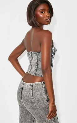 Tall Washed Grey Raw Hem Lace Up Detail Denim Corset