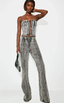 Tall Washed Grey Raw Hem Lace Up Detail Denim Corset