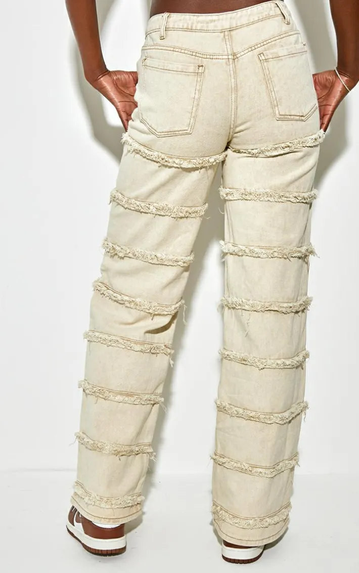 Tall Washed Stone Frayed Striped Seam Mid Rise Wide Leg Jean