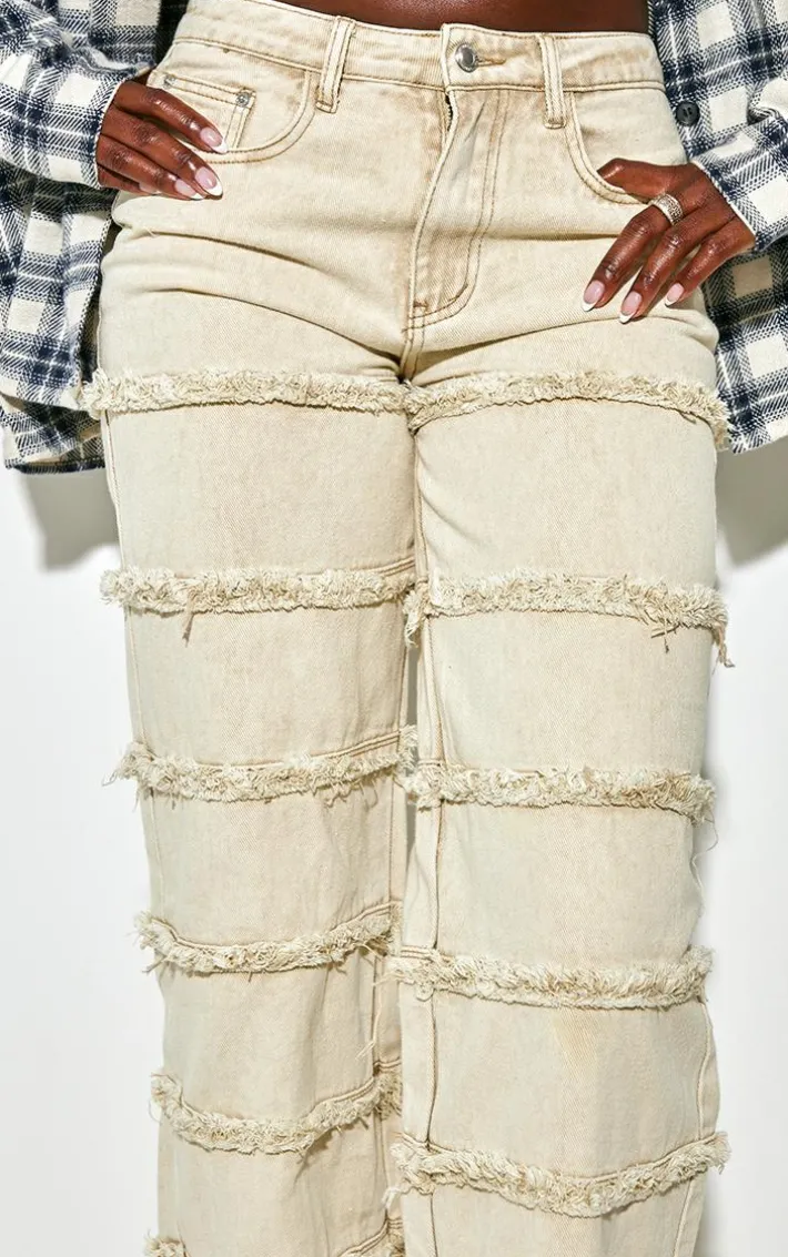 Tall Washed Stone Frayed Striped Seam Mid Rise Wide Leg Jean