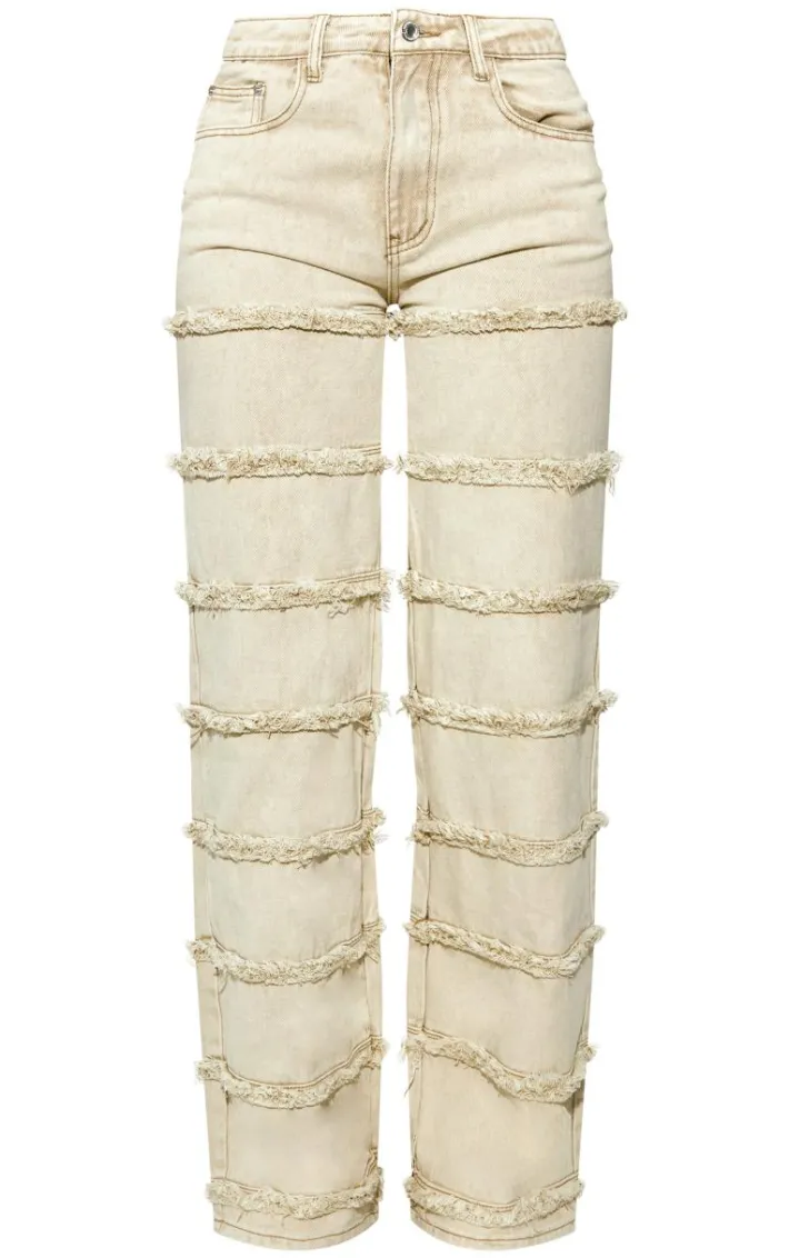 Tall Washed Stone Frayed Striped Seam Mid Rise Wide Leg Jean