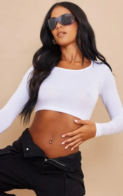 Tall White Long Sleeve Scoop Neck Crop Top