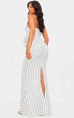 Tall White Polka Dot Satin Rose Detail Maxi Dress