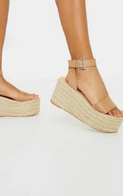 Tan Buckle Ankle Strap Flatform Espadrille Sandal