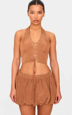 Tan Crinkle Eyelet Detail Halterneck Top