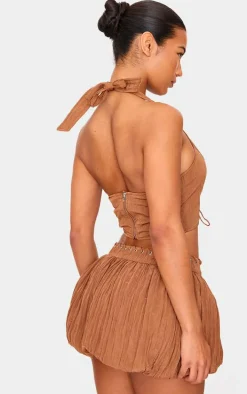 Tan Crinkle Eyelet Detail Halterneck Top