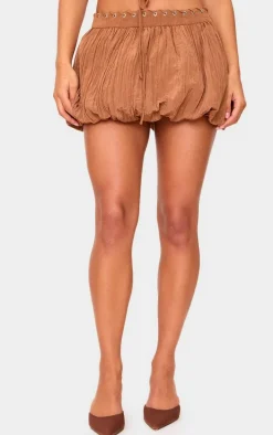 Tan Crinkle Eyelet Detail Puff Ball Skirt