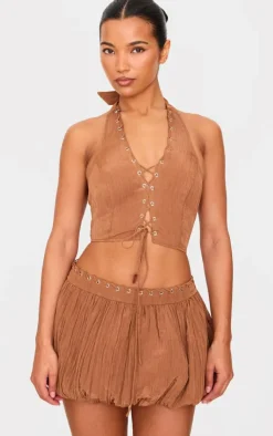 Tan Crinkle Eyelet Detail Puff Ball Skirt