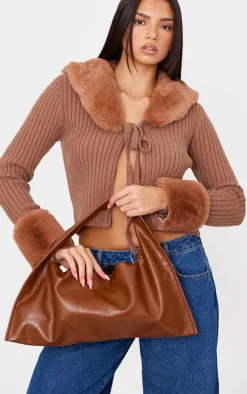 Tan Crinkle PU Rectangular Slouch Shoulder Bag