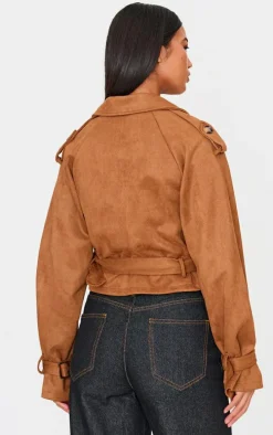 Tan Cropped Faux Suede Belted Trench Coat