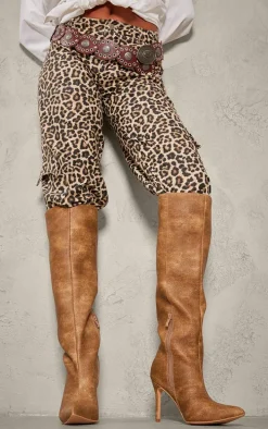 Tan Distressed Pu Point Toe Knee High Heeled Boots