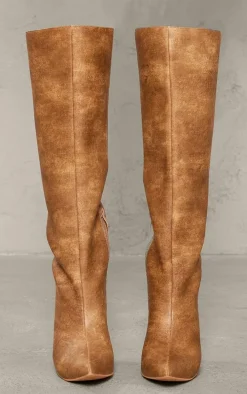 Tan Distressed Pu Point Toe Knee High Heeled Boots