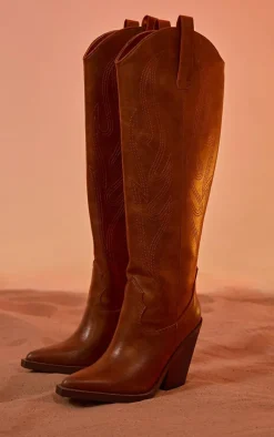 Tan Distressed PU Point Toe Knee High Block Heel Western Boots