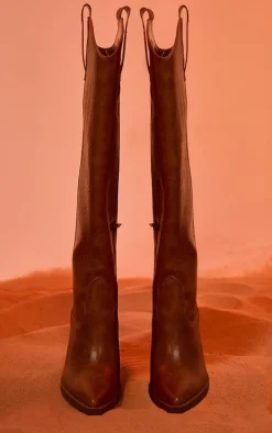 Tan Distressed PU Point Toe Knee High Block Heel Western Boots