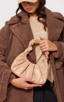 Tan Extreme Ruched Handle Shoulder Bag