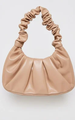 Tan Extreme Ruched Handle Shoulder Bag
