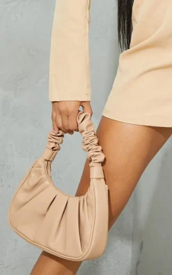 Tan Extreme Ruched Handle Shoulder Bag