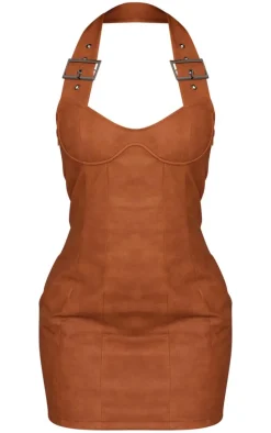 Tan Faux Leather Halterneck Mini Dress