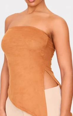 Tan Faux Suede Asymmetric Hem Bandeau Top