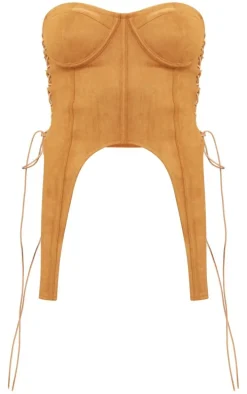Tan Faux Suede Binded Eyelet Lace Up Side Suspender Detail Corset