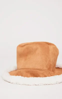 Tan Faux Suede Borg Trim Bucket Hat