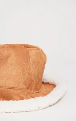 Tan Faux Suede Borg Trim Bucket Hat