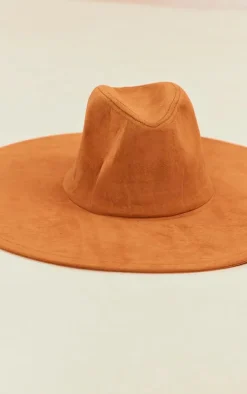 Tan Faux Suede Extra Wide Brim Fedora