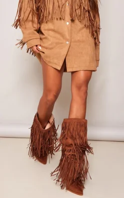 Tan Faux Suede Fringe Western Block Heel Knee Boots