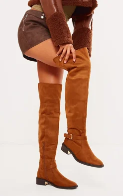 Tan Faux Suede Gold Buckle Over The Knee Boots