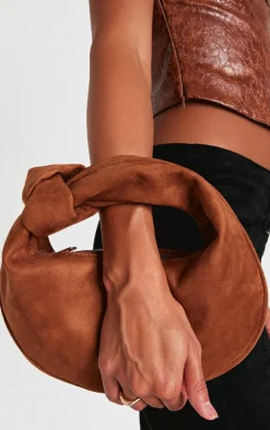 Tan Faux Suede Knot Handle Shoulder Bag