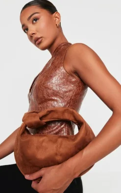 Tan Faux Suede Knot Handle Shoulder Bag