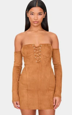 Tan Faux Suede Lace Up Detail Bardot Bodycon Dress