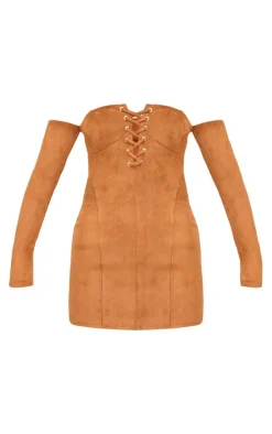 Tan Faux Suede Lace Up Detail Bardot Bodycon Dress