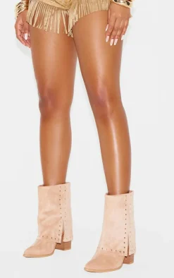 Tan Faux Suede Point Toe Studded Fold Over Block Heel Ankle Boots