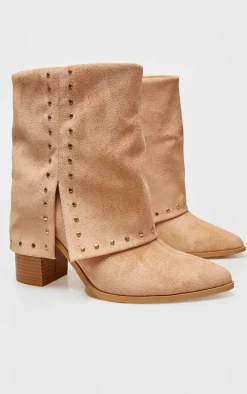 Tan Faux Suede Point Toe Studded Fold Over Block Heel Ankle Boots