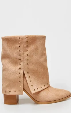 Tan Faux Suede Point Toe Studded Fold Over Block Heel Ankle Boots