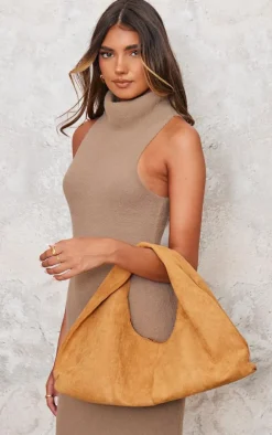 Tan Faux Suede Slouchy Twist Handle Handbag
