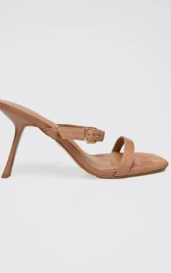 Tan Faux Suede Square Toe Strappy Heeled Mule Sandals
