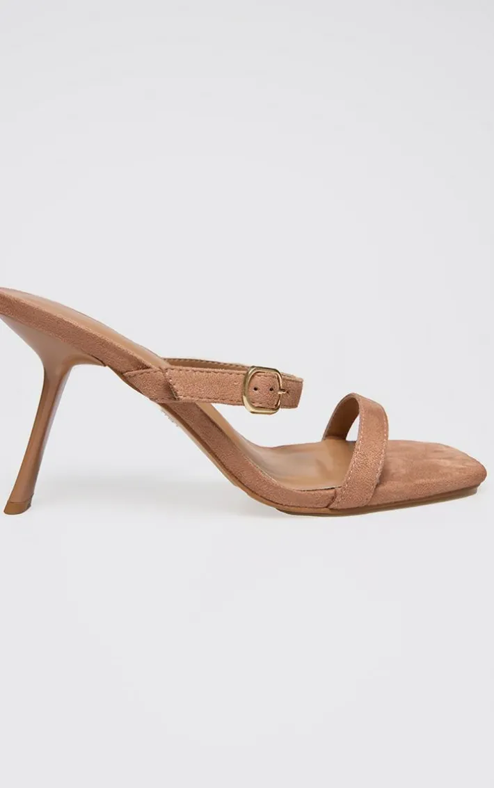 Tan Faux Suede Square Toe Strappy Heeled Mule Sandals