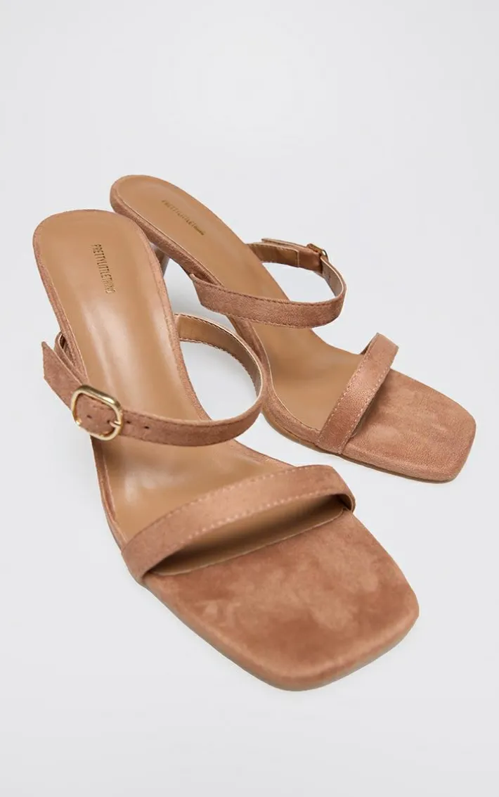 Tan Faux Suede Square Toe Strappy Heeled Mule Sandals