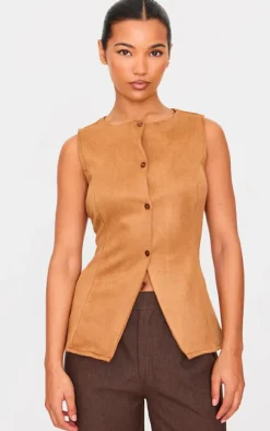 Tan Longline Faux Suede Vest