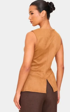 Tan Longline Faux Suede Vest
