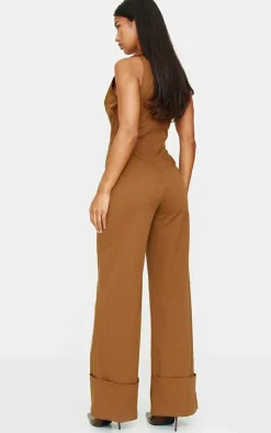 Tan Mini Belt Detail Plunge Straight Leg Jumpsuit
