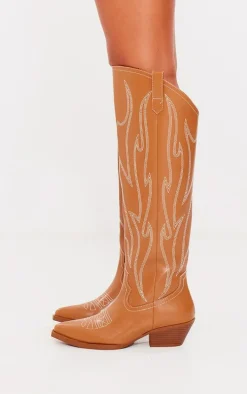 Tan PU Point Toe Western Knee High Boots