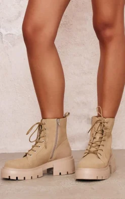 Tan PU Round Toe Lace Up Chunky Ankle Boots