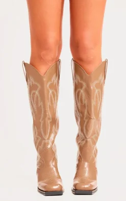 Tan PU Square Toe Stitch Detail Knee High Block Heel Western Boots