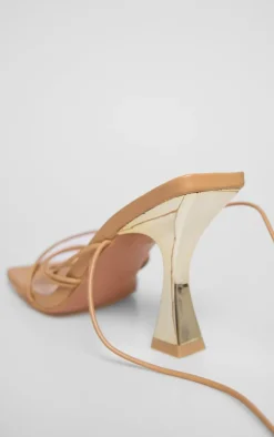 Tan PU Square Toe Strappy Lace Up Heeled Sandals
