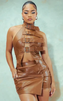 Tan PU Strap Cut Out Detail Micro Mini Skirt