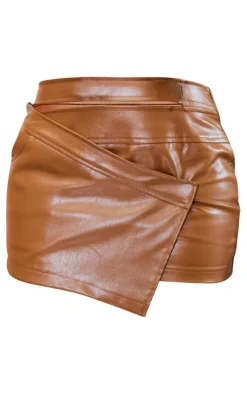 Tan PU Strap Cut Out Detail Micro Mini Skirt